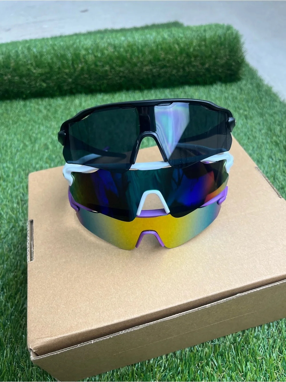 3 Premium Sport Shield Sunglasses - Black/White/Purple Multi-Lens